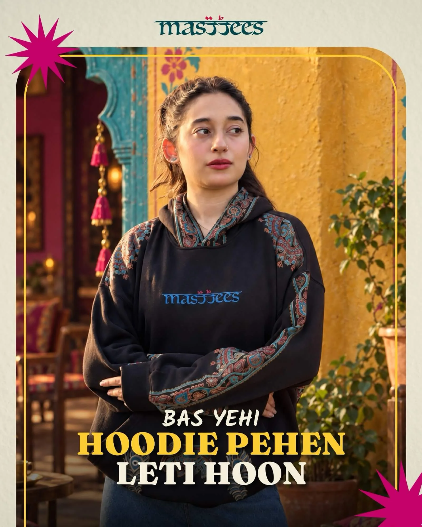 Masttees black embroidered hoodie post: Bas Yehi Hoodie Pehen Leti Hoon