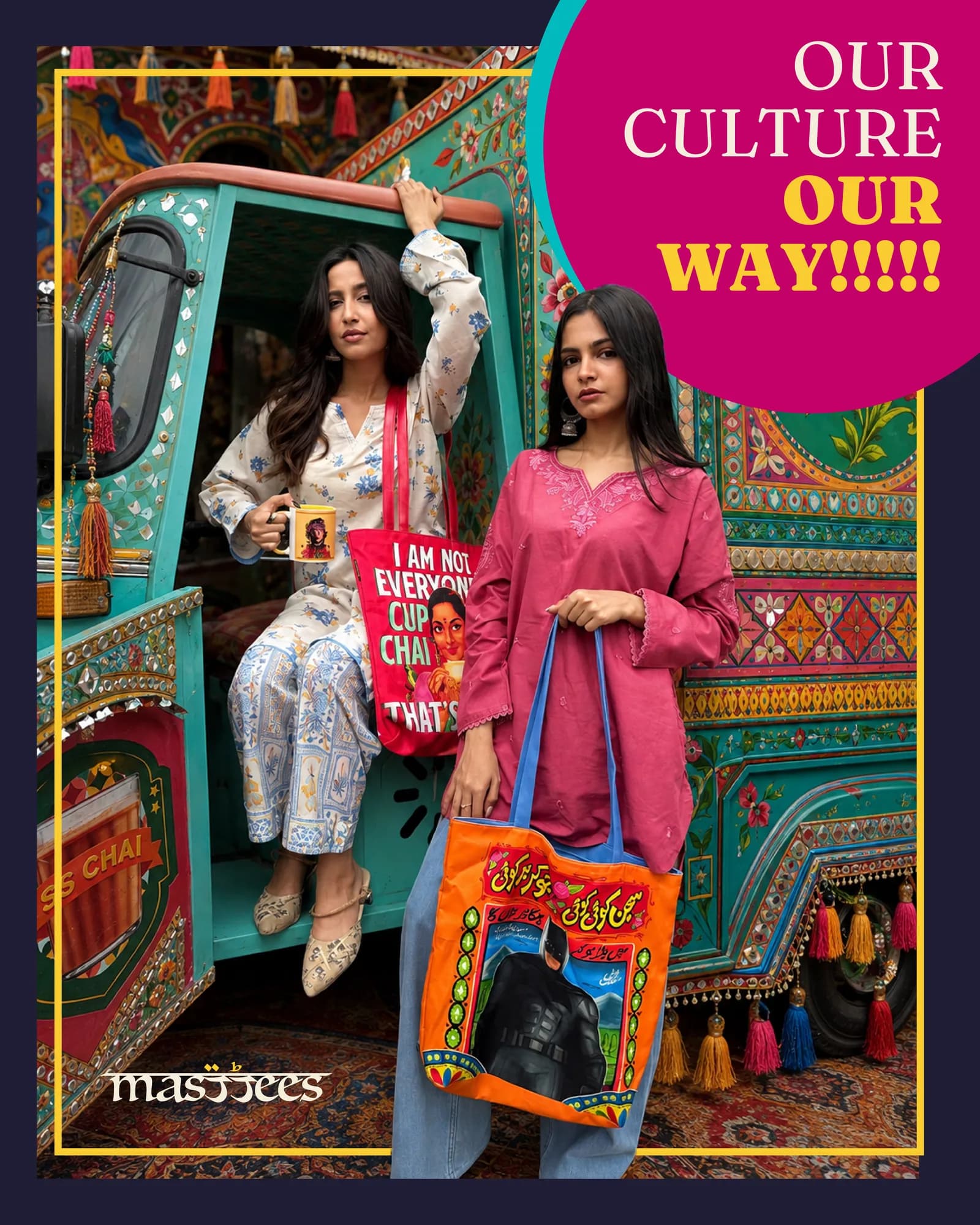 Masttees campaign post with totes and a chai mug: Our Culture Our Way