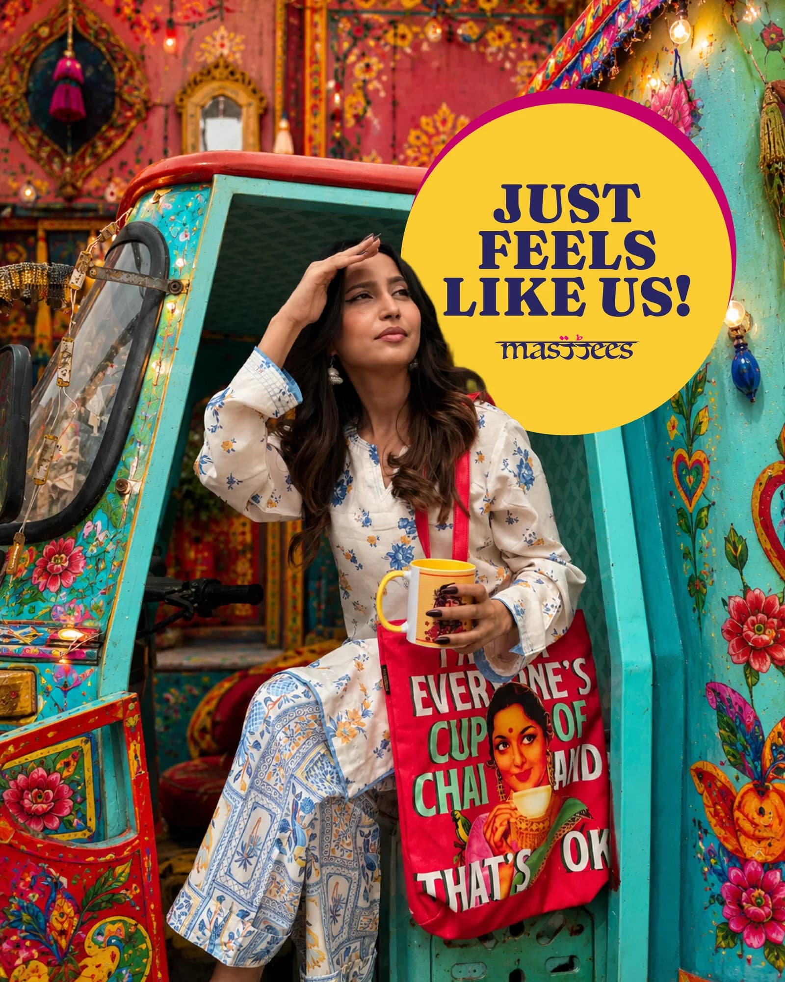 Masttees Cup of Chai tote and mug lifestyle post: Just Feels Like Us