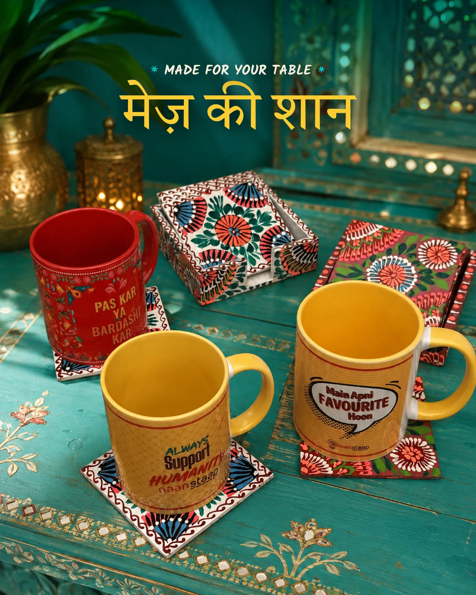 Masttees mugs and hand-painted coasters product shot: Made for your table